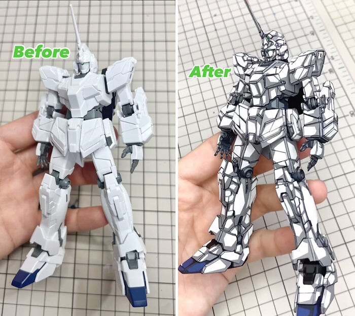 Gundam action figure before and after painting upgrade by an artist, showcasing enhanced details and colors.