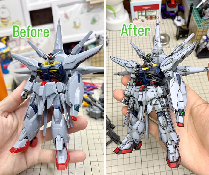 Before-and-after Gundam action figure painted upgrade by artist, showcasing enhanced details and colors.