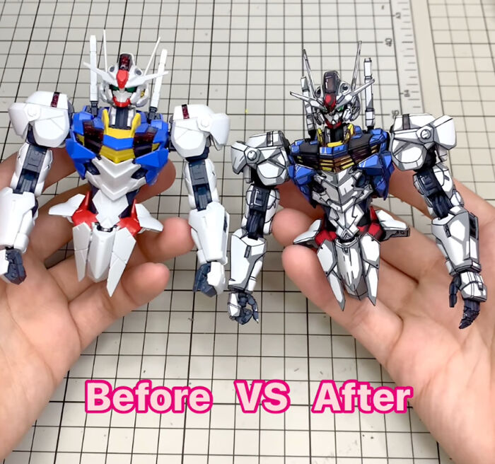 Before-and-after Gundam action figures upgraded with intricate painting.