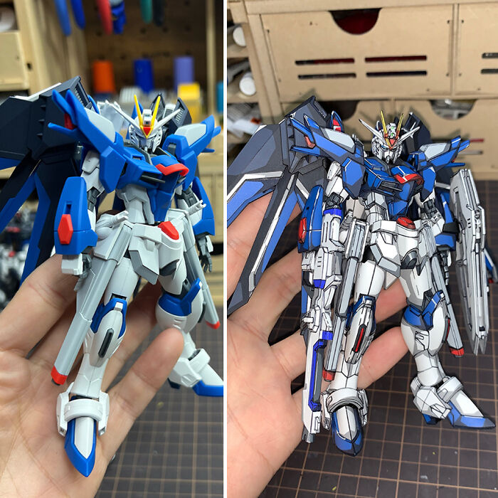 Gundam action figure before-and-after repaint upgrade with enhanced detail and colors.