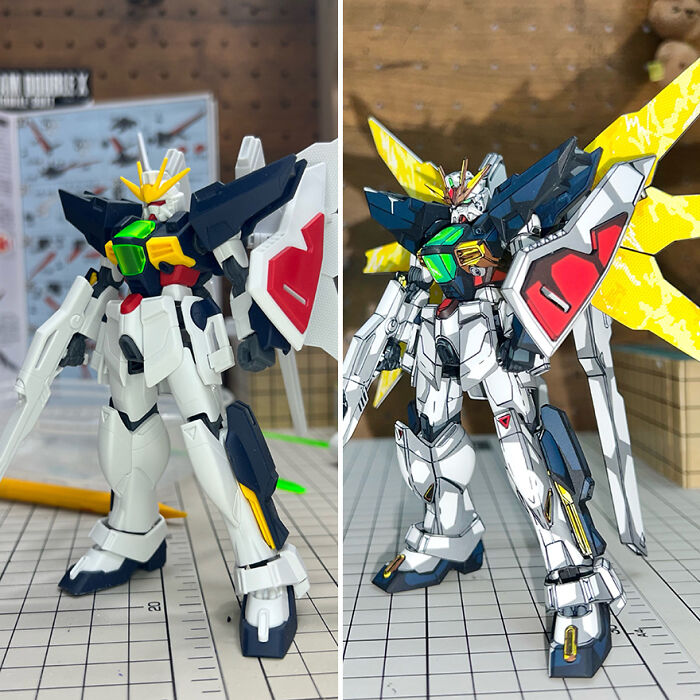 Before-and-after transformation of Gundam action figures painted by an artist, showcasing enhanced details and colors.