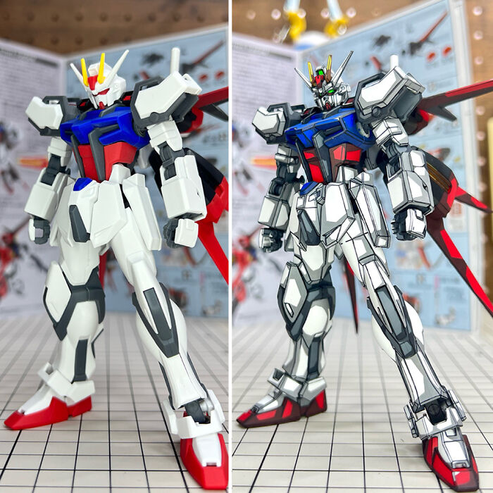 Before and after painting upgrade of Gundam action figure by artist, showcasing detailed enhancements.