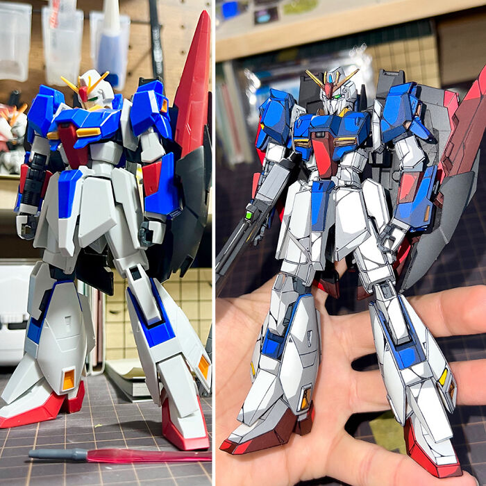 Before-and-after of a Gundam action figure, artistically upgraded with detailed painting.