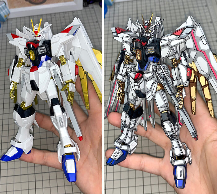 Before-and-after Gundam action figure showing artist's detailed paint upgrade.