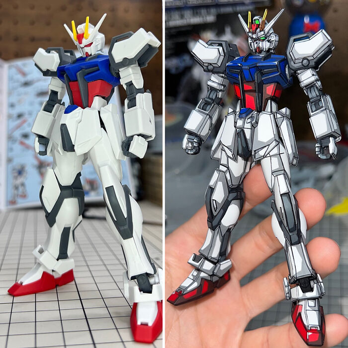 Before-and-after of a Gundam action figure upgraded with detailed painting.