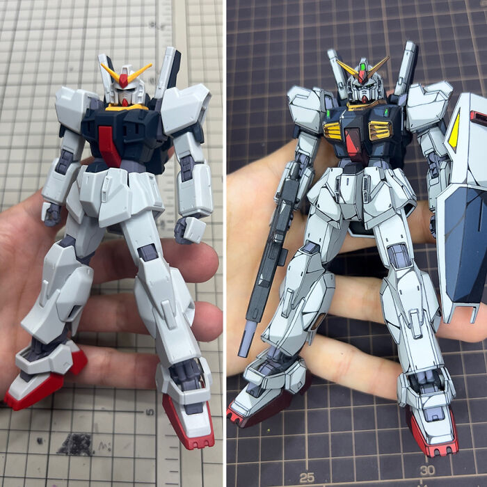 Before and after of Gundam action figure upgrade, showing enhanced painting details.