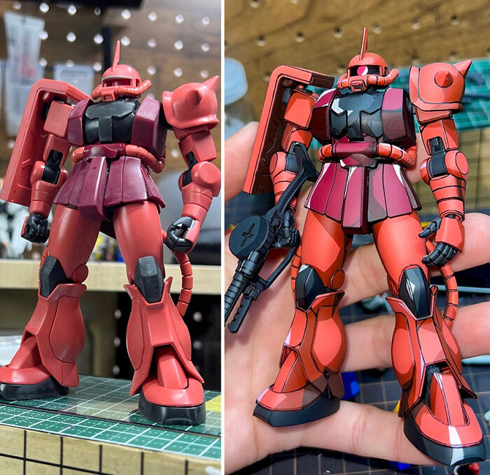 Before-and-after image of Gundam action figure upgraded with detailed paintwork.