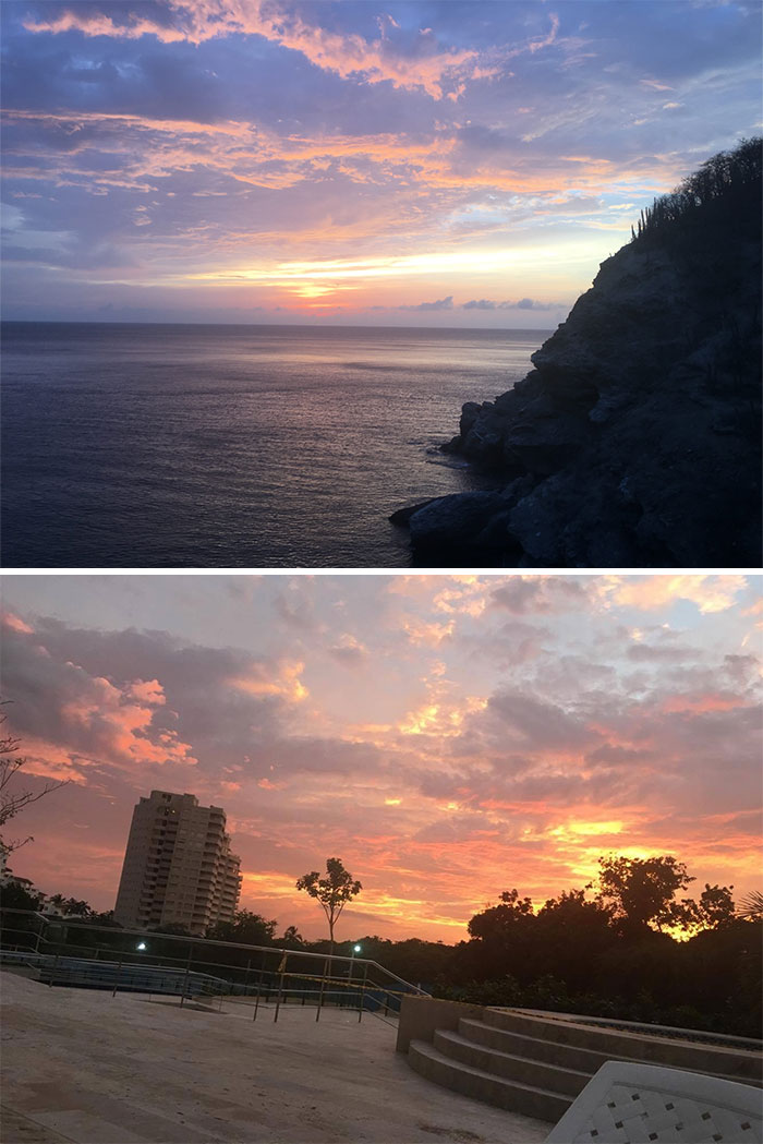 Two stunning sunset skies showcasing insane coincidences with matching colors and clouds over different landscapes.