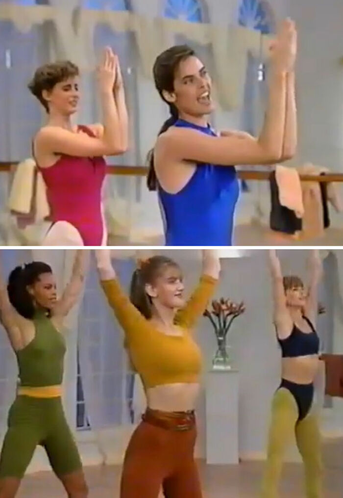 80s gym fitness class with women in colorful workout attire doing aerobics in a retro-style studio.