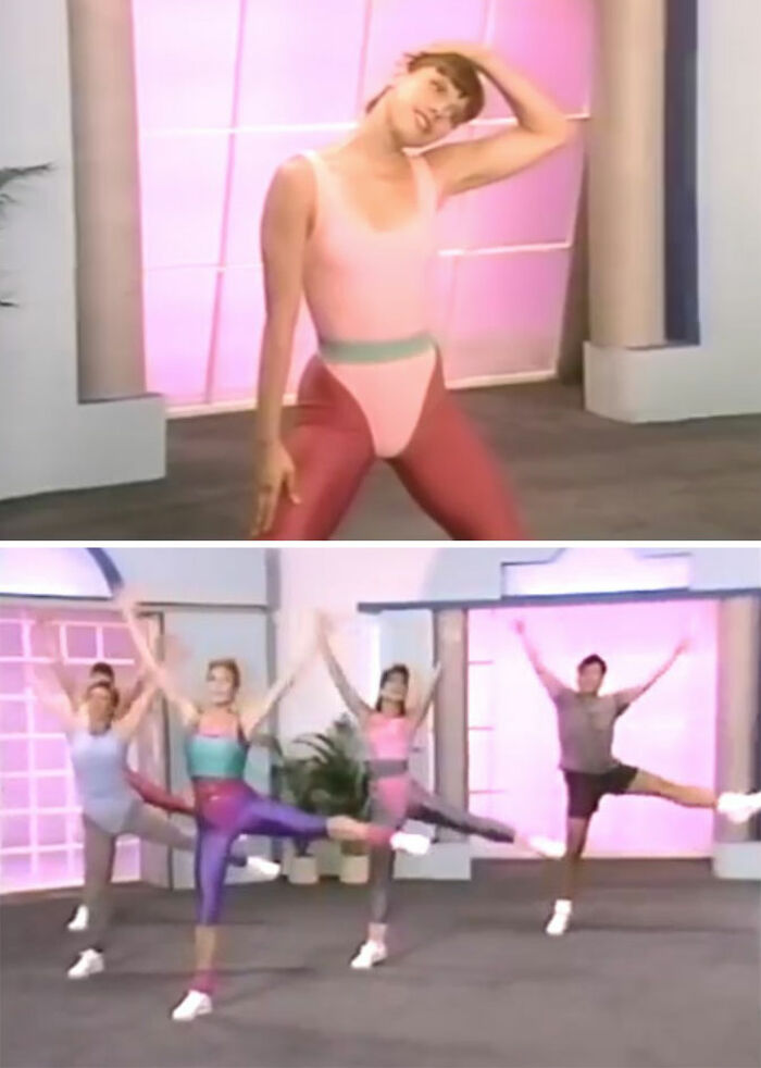 Vintage 80s gym fitness class with people in colorful leotards performing aerobic exercises in a retro studio setting.