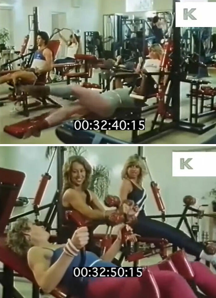 People in vibrant 80s gym attire using fitness equipment, engaging in a retro workout session.