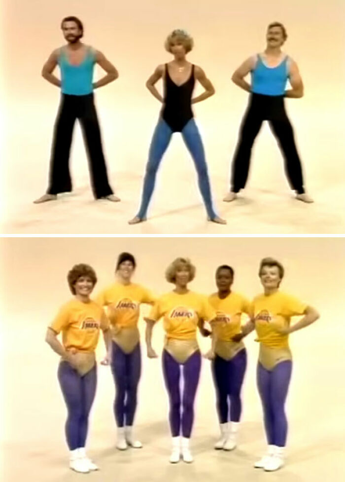 80s gym fitness group striking a pose in vibrant workout attire, showcasing classic aerobics style.