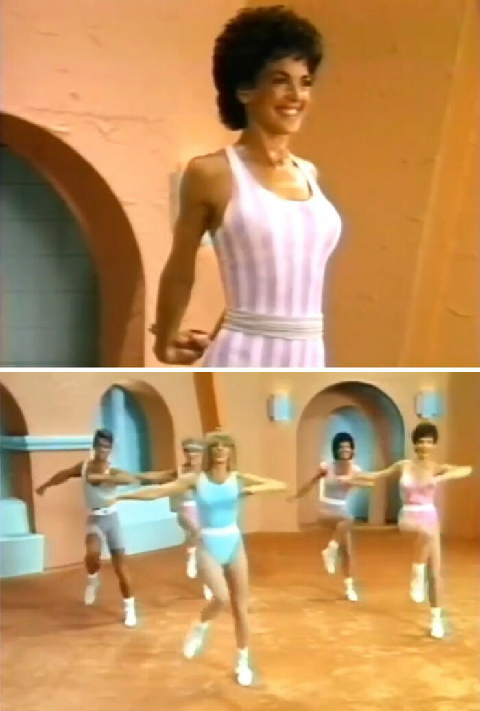 Women in colorful leotards participating in an 80s gym fitness aerobics class.