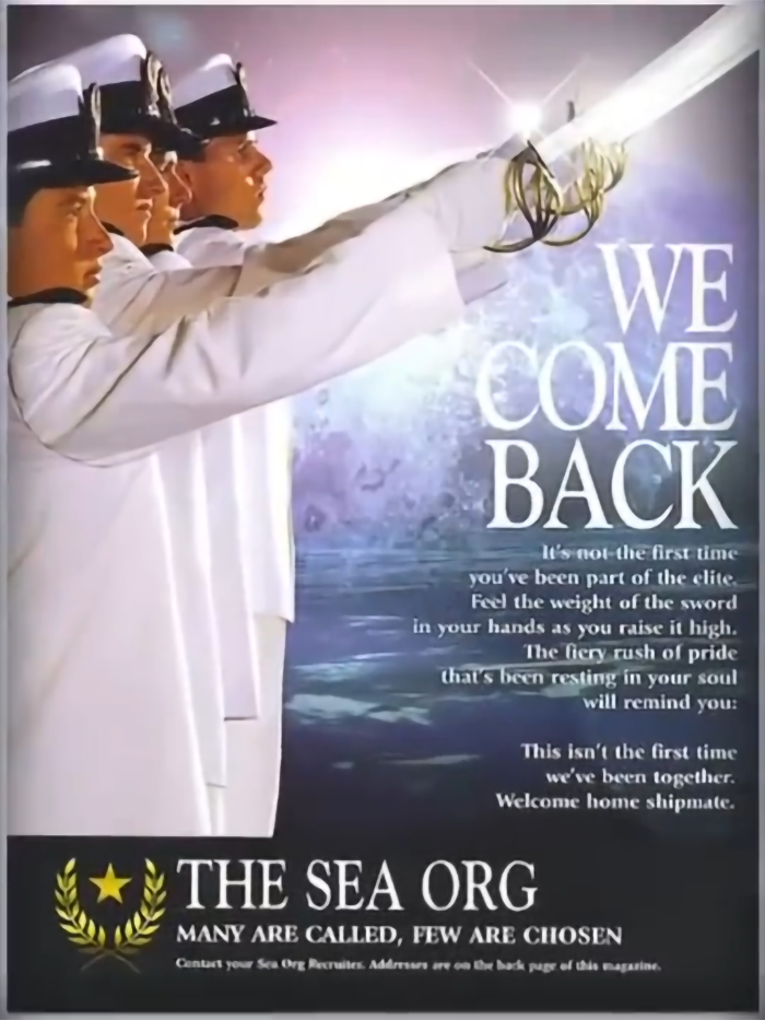 Sea Org members in uniform with text "We Come Back," discussing themes related to Scientology and brainwashing.