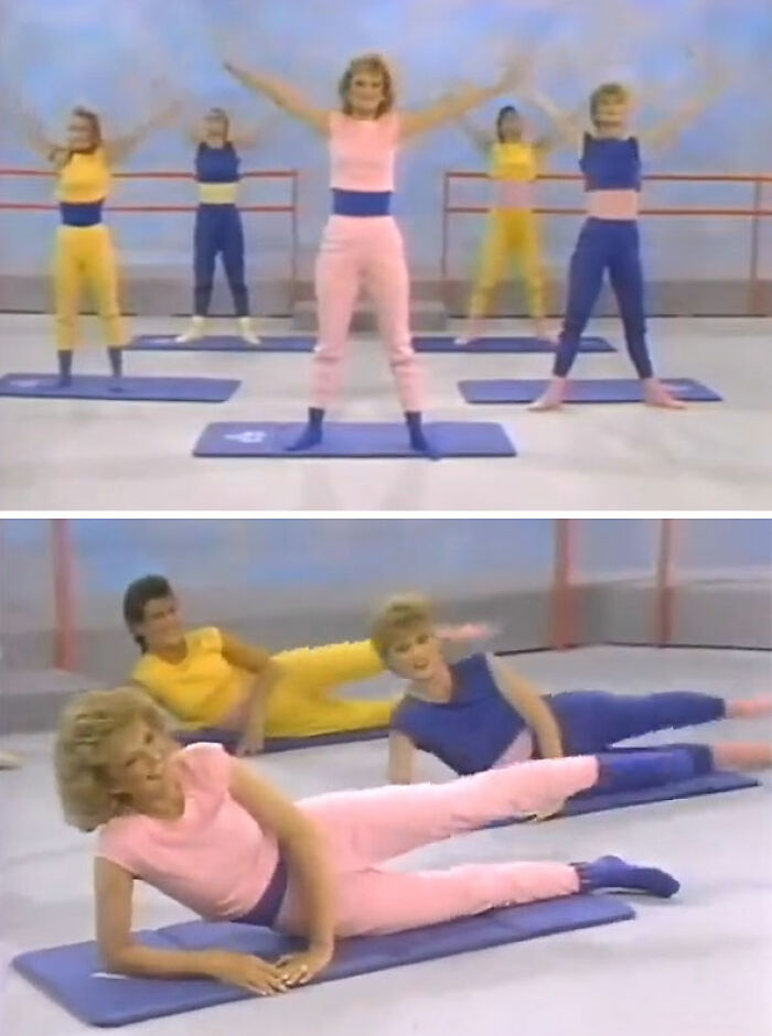 Women in colorful 80s gym fitness outfits doing aerobics on mats, demonstrating vintage exercise routines.