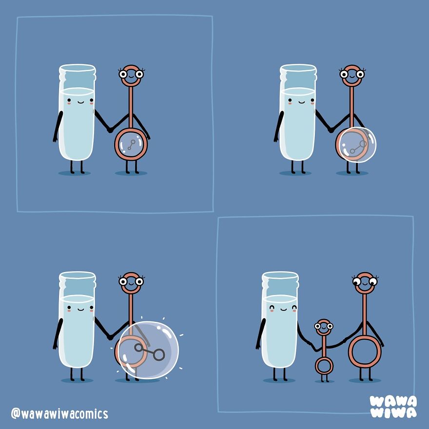 Cartoon test tube and watch character holding hands, growing a baby. Wawawiwa Comics illustration on a blue background.