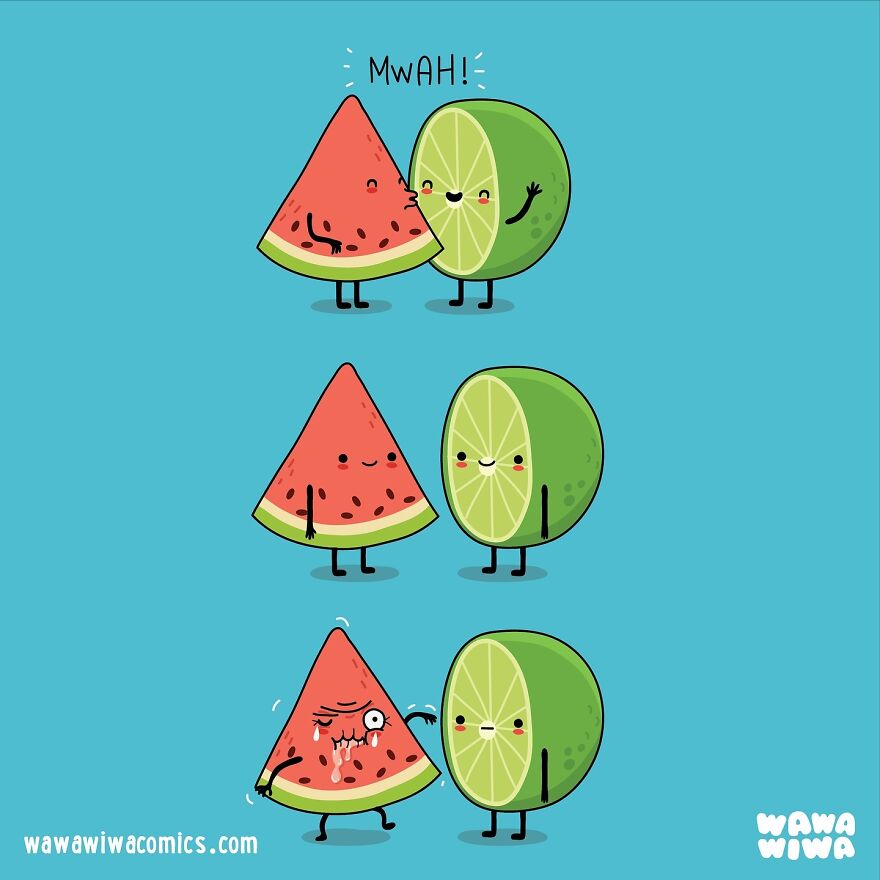 Wawawiwa Comics: A watermelon and lime sharing a cheeky kiss, resulting in a humorous reaction.