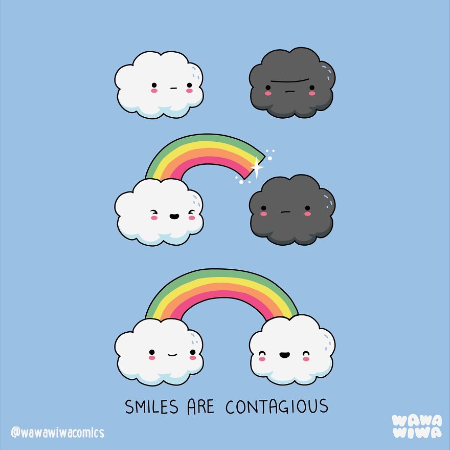 Cute clouds and rainbows illustrate the phrase "smiles are contagious" in a Wawawiwa Comics style.