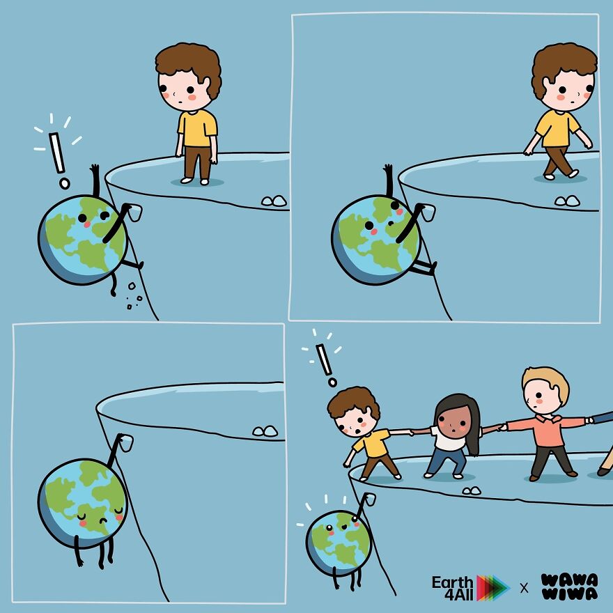 Comic showing Earth being saved by kids in a heartwarming scene from Wawawiwa Comics, promoting environmental awareness.