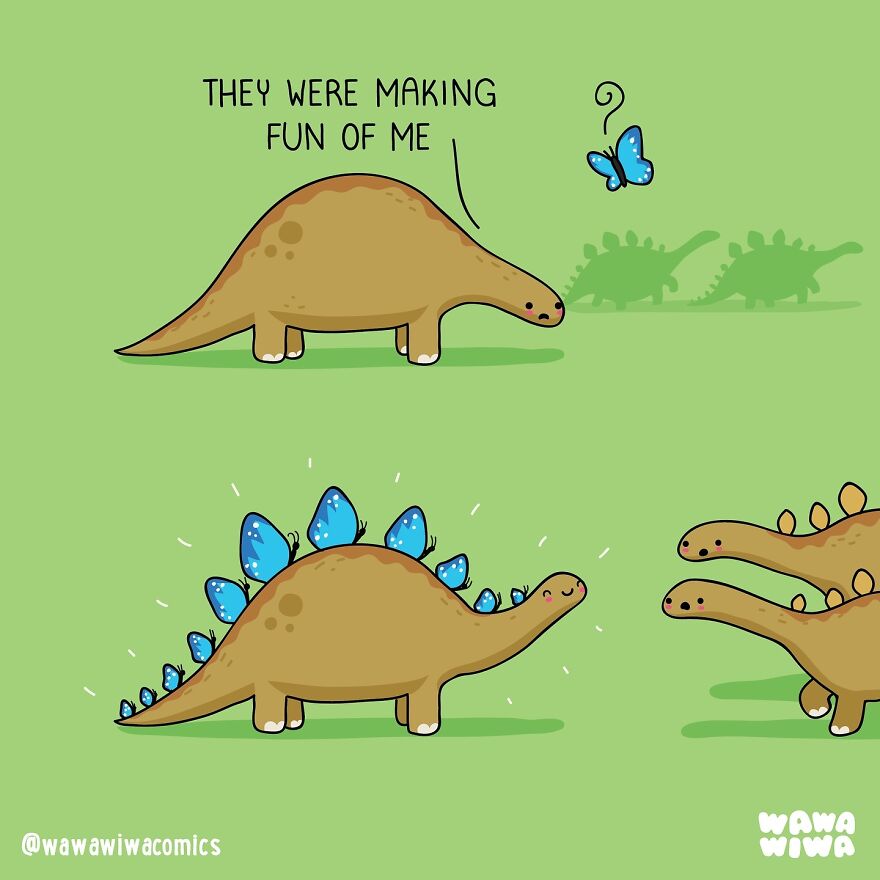 Cartoon dinosaur in Wawawiwa Comics talking to a butterfly, with butterflies humorously forming its stegosaurus plates.