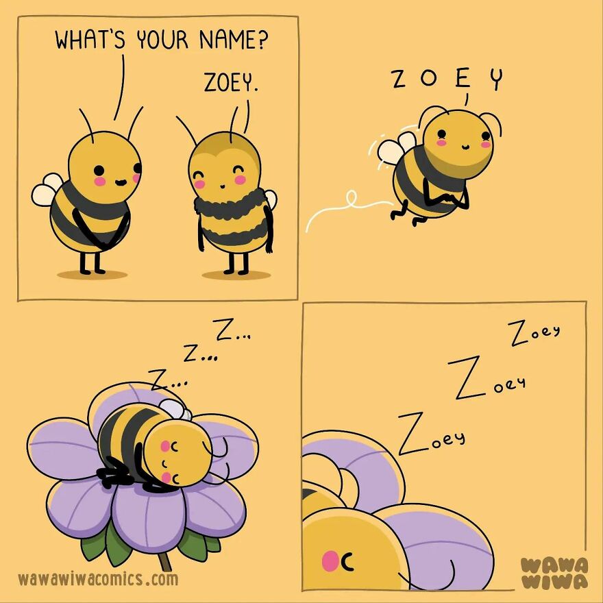 Cartoon bees from Wawawiwa Comics having a funny interaction, with one bee asleep on a flower.