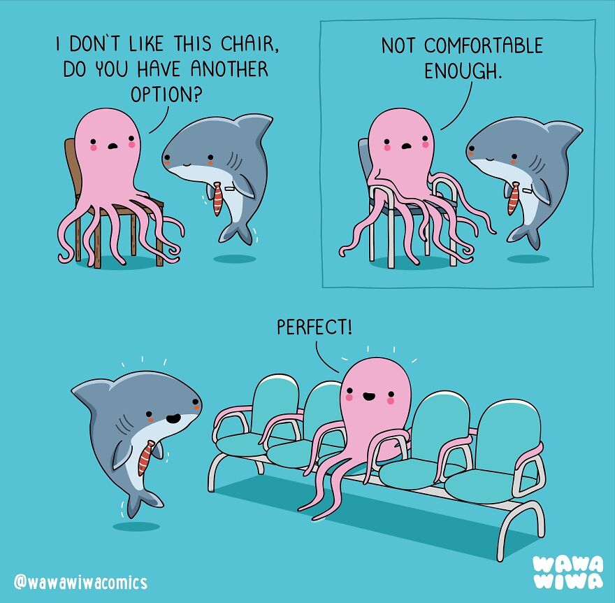 A Wawawiwa Comics scene with a shark and octopus finding the perfect chair arrangement for comfort.