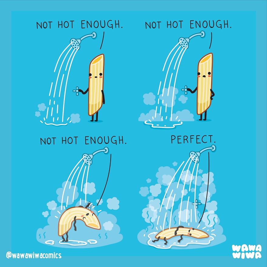 Wawawiwa Comics: A pasta character adjusting the shower temperature from not hot enough to perfect, creating little laughs.