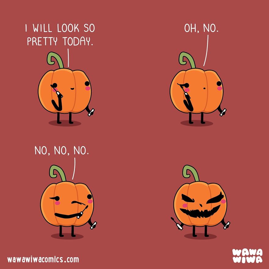 A Wawawiwa comic featuring a pumpkin trying makeup, humorously transforming its face.