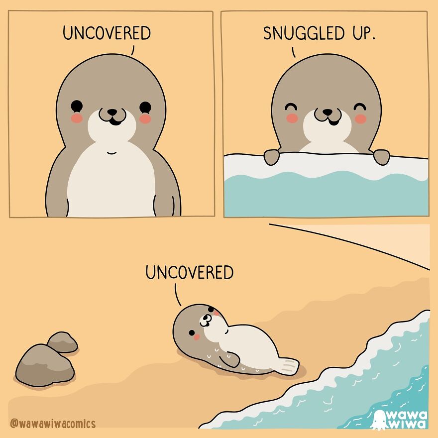 Cute seal in Wawawiwa Comics; panels showing it uncovered, snuggled in water, and lounging on the beach.