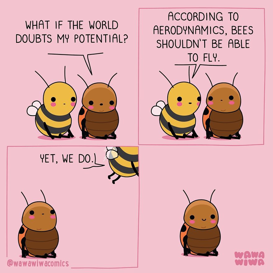 Two cartoon bees in a Wawawiwa Comics strip discussing their ability to fly despite doubts.