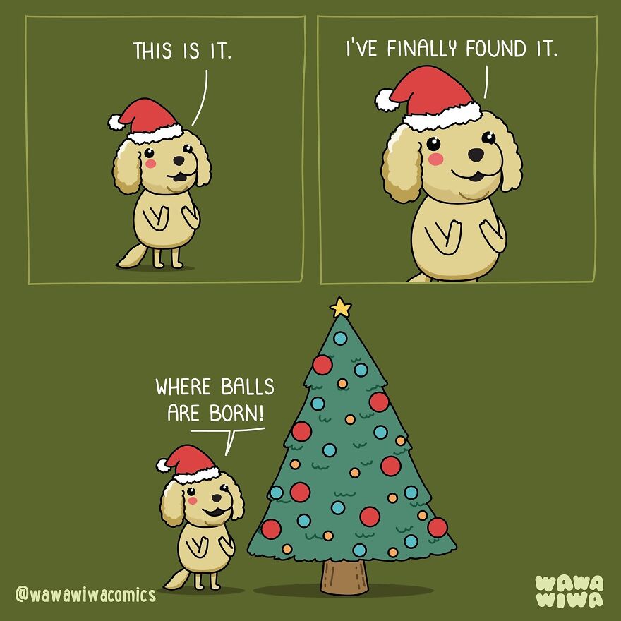 Cartoon dog in Santa hat excitedly discovering a decorated Christmas tree. Wawawiwa Comics humor.