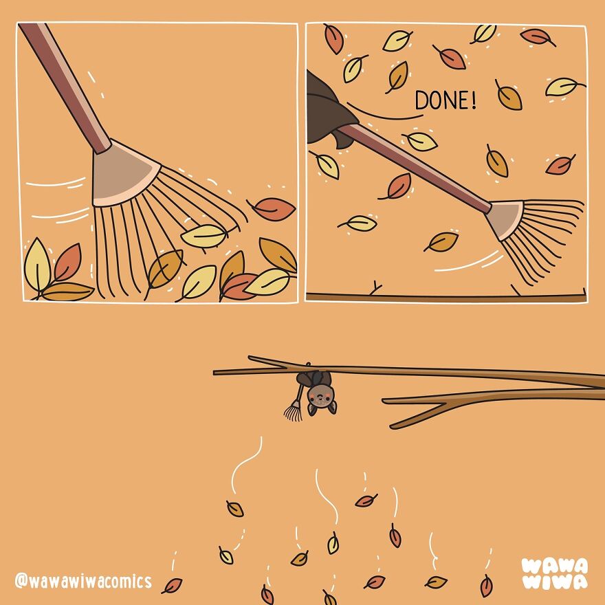 A Wawawiwa Comics scene of a bat sweeping leaves with a rake, creating humor.