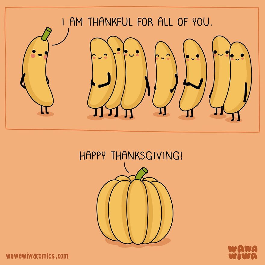 Wawawiwa Comics: Bananas expressing gratitude and a smiling pumpkin saying Happy Thanksgiving.