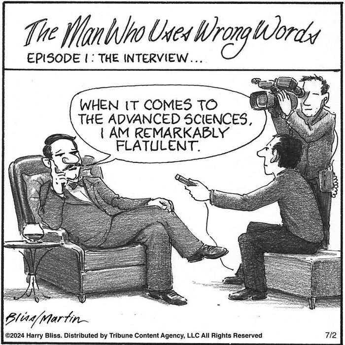 Interview scene from a wholesome one-panel comic by Harry Bliss, featuring a humorous word mix-up about sciences.