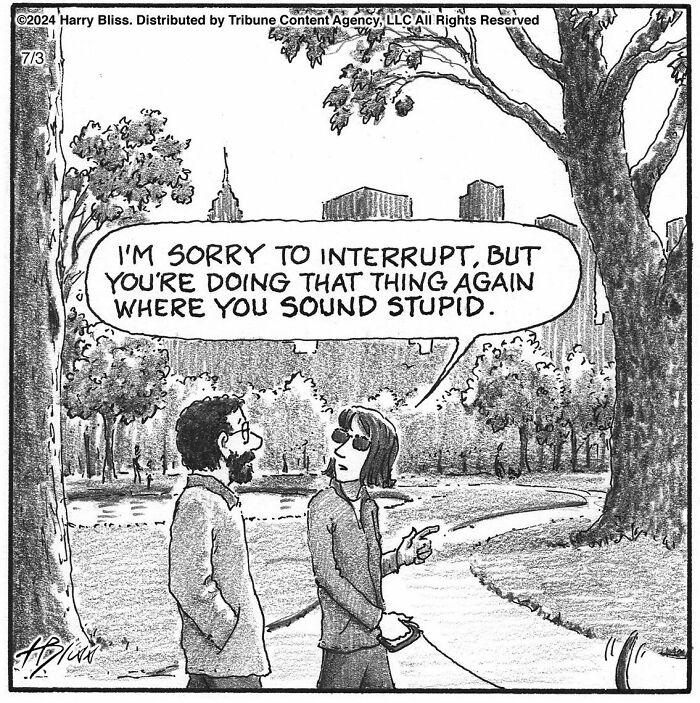 Two people talking in a park, one expressing a humorous comment. Comic by Harry Bliss.