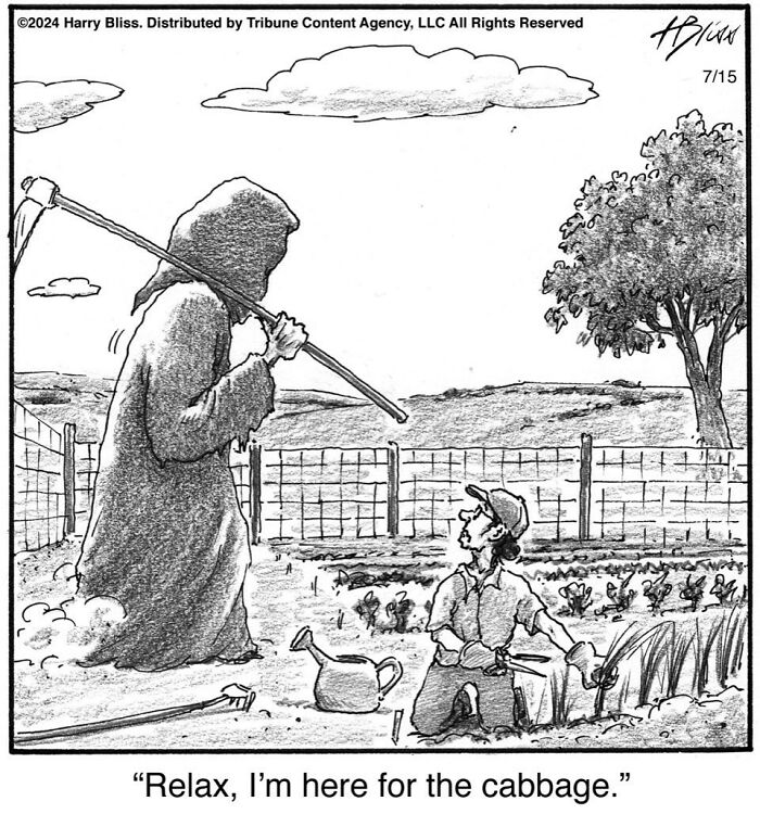 Humorous comic by Harry Bliss featuring a farmer and the Grim Reaper in a vegetable garden, captioned "Relax, I'm here for the cabbage."