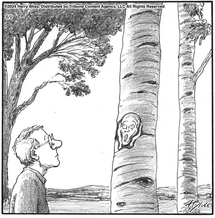 Man looking at a tree with a carving of a screaming face; humorous one-panel comic by Harry Bliss.