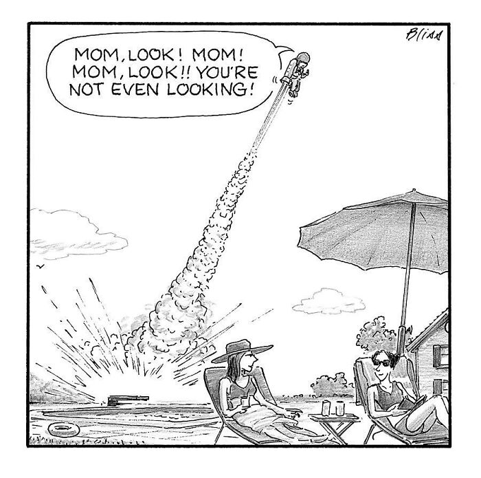 Child launching from a rocket while mom relaxes, illustrating a humorous one-panel comic by Harry Bliss.