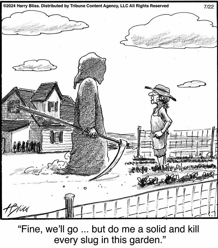 A humorous one-panel comic by Harry Bliss featuring a gardener talking to the Grim Reaper in a garden.