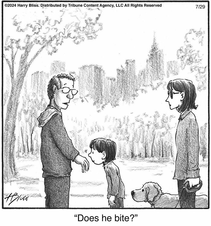 A humorous one-panel comic by Harry Bliss, featuring a boy asking if a dog bites in a park.