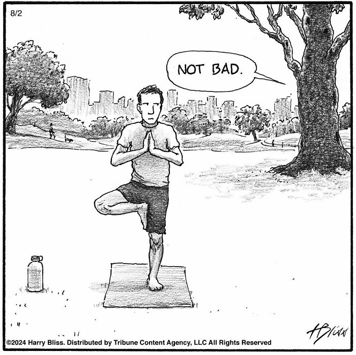 Man doing yoga in park, saying "Not bad." Wholesome and humorous comic by Harry Bliss.