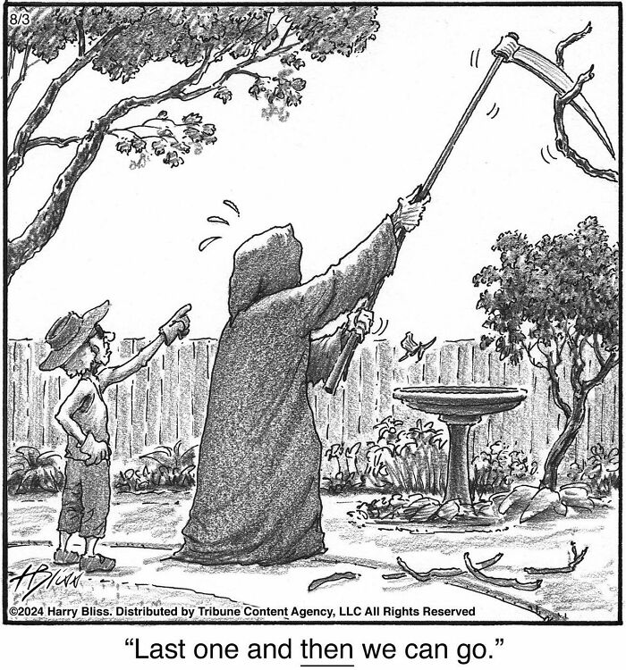 A humorous one-panel comic by Harry Bliss featuring a cloaked figure trimming tree branches.