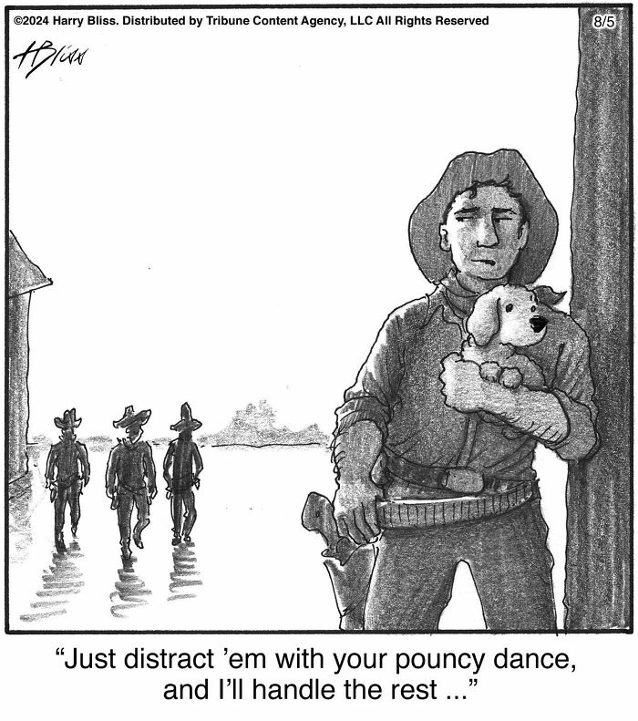 Cowboy holding a dog in a humorous Harry Bliss one-panel comic, with two cowboys approaching.