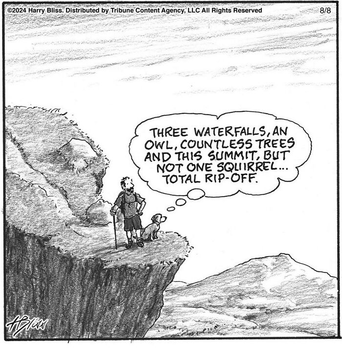 Hiker and dog on a cliff in a humorous comic by Harry Bliss, with the dog thinking about the absence of squirrels.