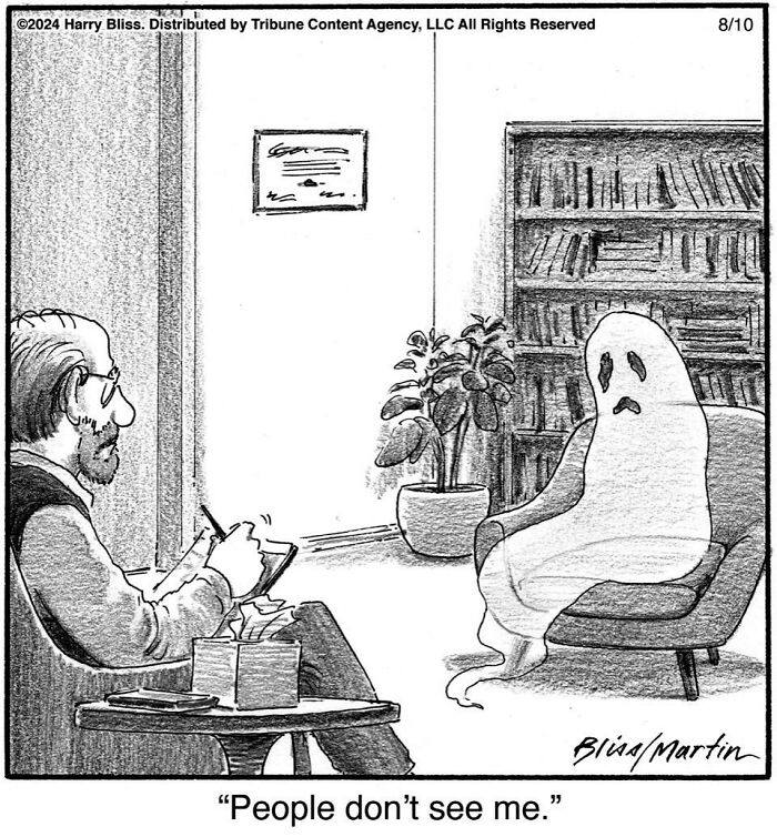 Therapist taking notes while a ghost says, "People don't see me," in a humorous one-panel comic by Harry Bliss.