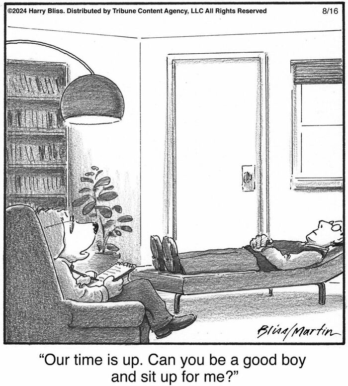 Humorous one-panel comic by Harry Bliss showing a dog therapist with a man on a couch.