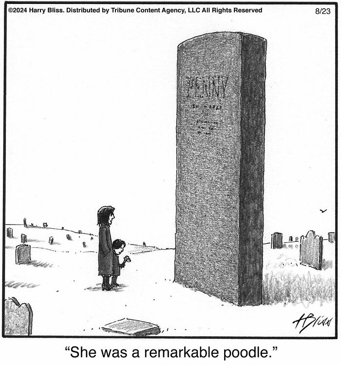 A humorous one-panel comic by Harry Bliss features a large tombstone for a poodle.