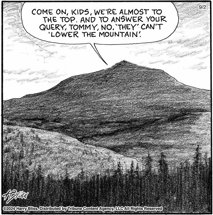 Humorous one-panel comic by Harry Bliss depicting a mountain hike with a witty dialogue.