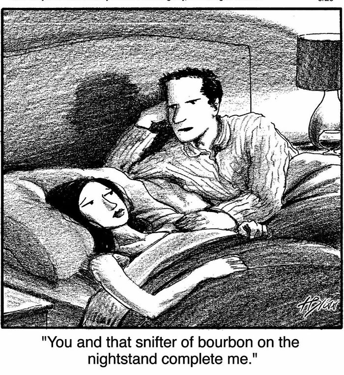 Couple in bed with a lamp, sharing a humorous moment with a snifter of bourbon, by Harry Bliss.