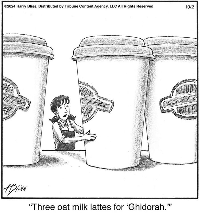 Barista puzzled by giant coffee cups labeled for 'Ghidorah' in a humorous one-panel comic by Harry Bliss.